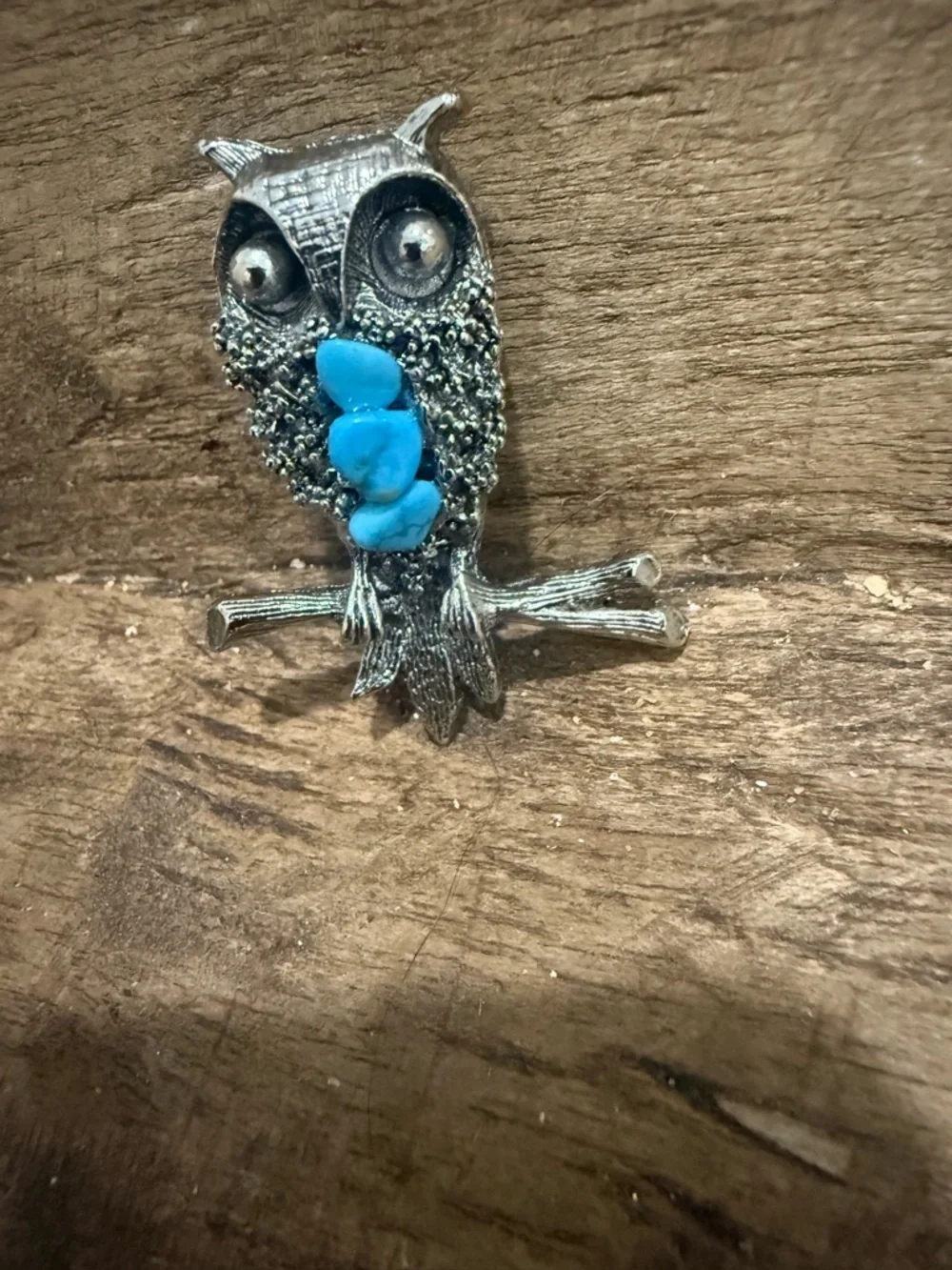 Vintage Silver Tone Owl Brooch with Turquoise Accents